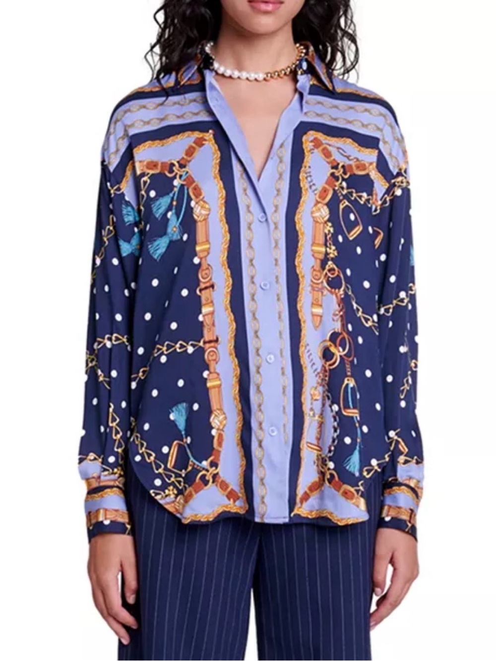 Navy Chain Print Button-Down Blouse